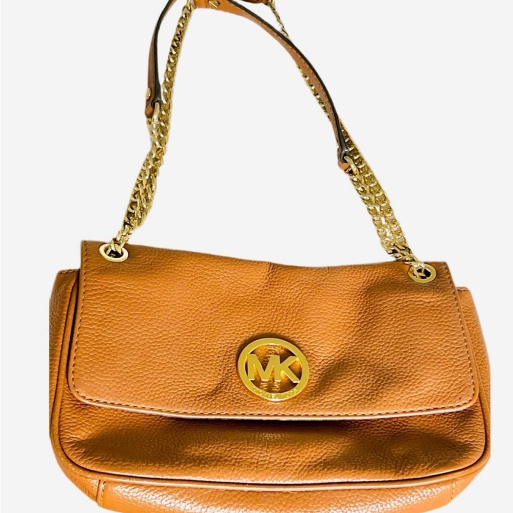 Michael Kors Tan Leather Small Shoulder Crossbody Bag Gold Chain MK Logo